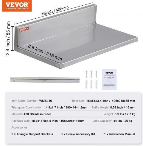 Vevor Stainless Steel Shelf 8.6" X 16" Back 44 Lbs Wall-Mounted Professional Use Bgscttll86162mwqsv0