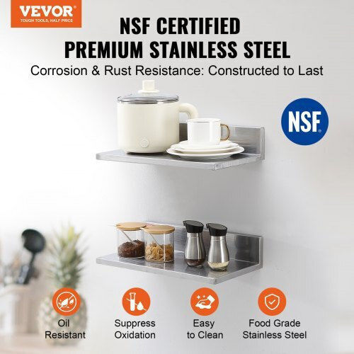 Vevor Stainless Steel Shelf 8.6" X 16" Back 44 Lbs Wall-Mounted Professional Use Bgscttll86162mwqsv0