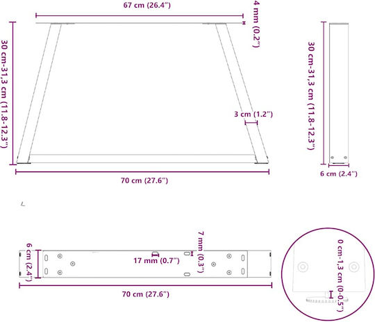 vidaXL Metallic Furniture Leg 2 Pieces Suitable for Table / Coffee Table / Office 70x30cm White