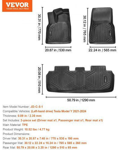 Vevor Σετ Πατάκια Αυτοκινήτου Tesla Model Y 2021-2024 3 Τεμ Tpe Liners Suvdbdtslmodyiwumv0