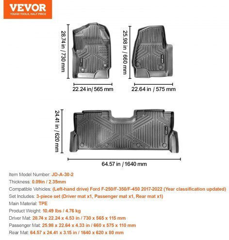Vevor Car Mat Set Ford F-250 F-350 F-450 2017-2022 3 Pcs Kcdbdftf250fbf0mgv0