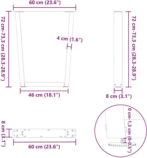 vidaXL Metallic Furniture Foot 2 Pieces Suitable for Office / Table / Coffee Table 60x72cm White