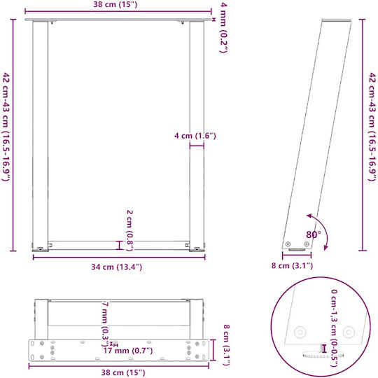 vidaXL Metallic Furniture Leg 2 Pieces Suitable for Table / Coffee Table / Office 38x42cm Black