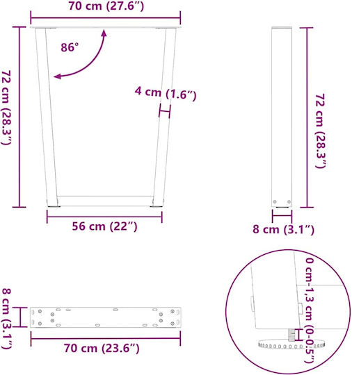 vidaXL Metallic Furniture Leg 2 Pieces Suitable for Table / Coffee Table / Office 70x72cm Charcoal