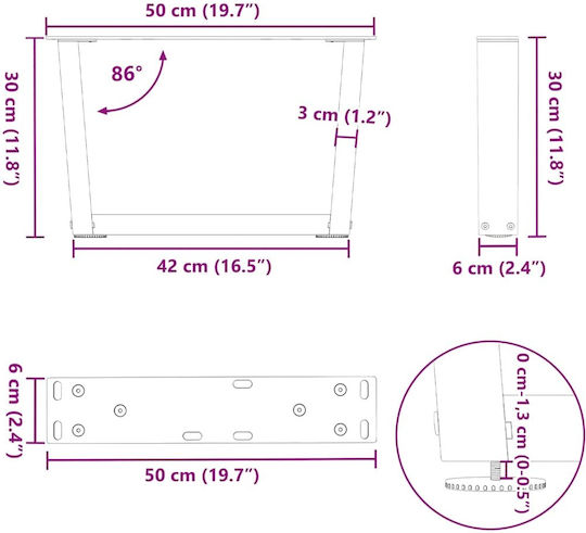 vidaXL Metallic Furniture Leg 2 Pieces Suitable for Table / Coffee Table / Office 50x30cm Natural