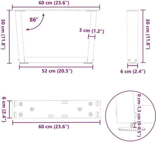 vidaXL Metallisches Möbelbein 2 Stück Für Tisch / Beistelltisch / Büro 60x30cm Anthrazit
