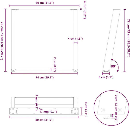 vidaXL Metallic Furniture Leg 2 Pieces Suitable for Table / Coffee Table / Office 80x72cm White