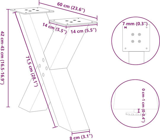 vidaXL Metal Furniture Leg 2 Pieces Suitable for Table / Coffee Table / Office 60x42cm White