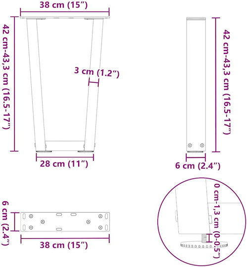 vidaXL Metal Furniture Leg 2 Pieces Suitable for Table / Coffee Table / Office 38x42cm White