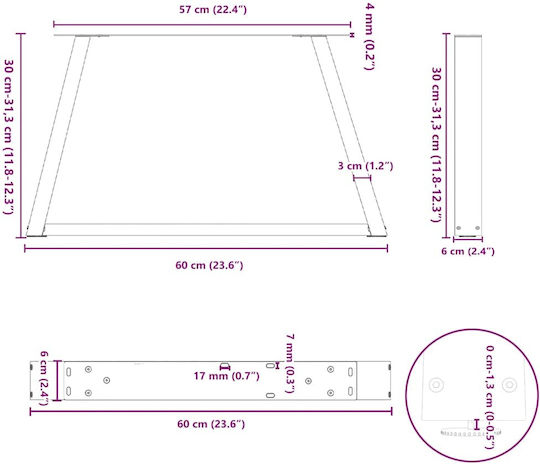 vidaXL Metallic Furniture Leg 2 Pieces Suitable for Table / Coffee Table / Office 60x30cm White