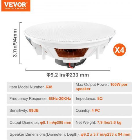 Vevor Ηχείο Οροφής 100W (Τεμάχιο) Λευκό DPXDYSQ8YCSZTSBN5V9