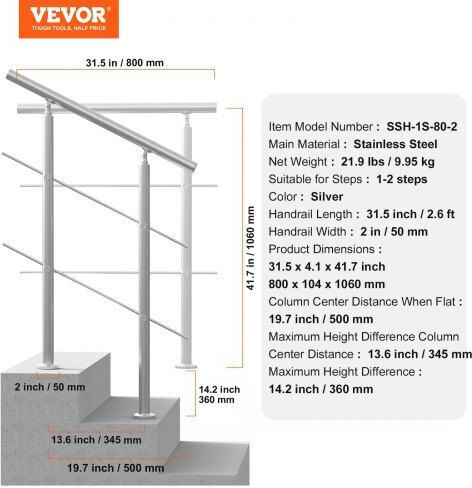 Vevor Κουπαστές 80cm Εξωτερικά Σκαλοπάτια 2 Σταυρούς Βεράντα Κατάστρωμα Bxgslzfs80cmsohdtv0