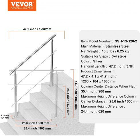Vevor Handrails 47.2" Outdoor Steps 2 Crosses Porch Deck Bxgslzfs120cw8ddjv0
