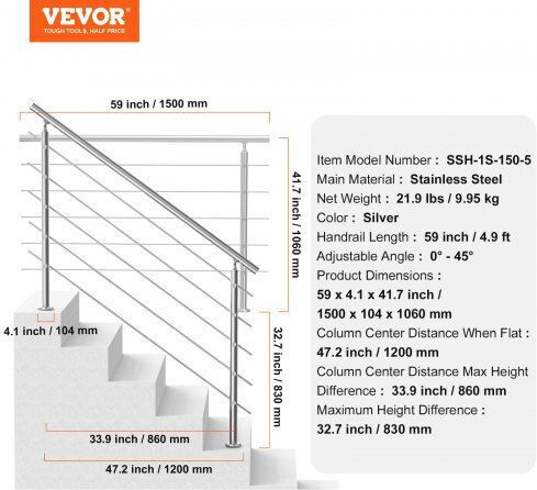 Vevor Κουπαστές 59in Εξωτερικά Σκαλοπάτια 5 Σταυρούς Βεράντα Κατάστρωμα Bxgslzfs150c5sapev0