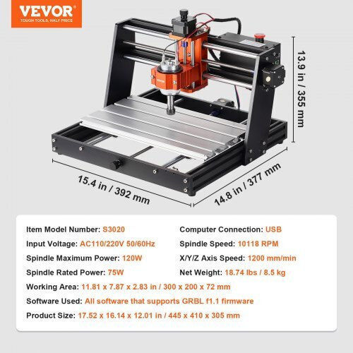 Vevor CNC Router Machine 300x200x72mm 120w 3 Axes Grbl 1200rpm Offline Controller Wood Acrylic MDF PVC Plastic Foam Skdkj3020cmurz4twv2