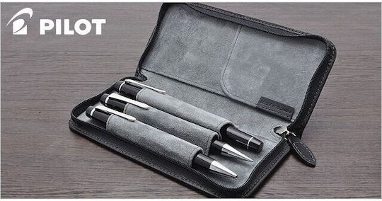 Pilot Pensemble Leather Round Fastened Pen Case For 3 Black Pens Pspc-01-b-e