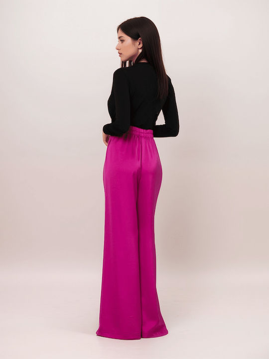 Noobass Women's High-waisted Satin Trousers with Elastic in Straight Line Violet