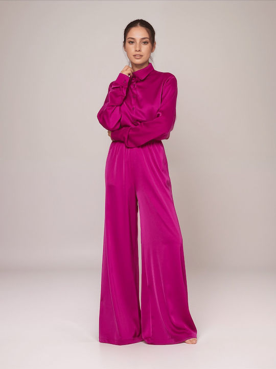 Set Long-Sleeve Shirt Wide-Leg Trousers Elastic Waist Fuchsia 15-065