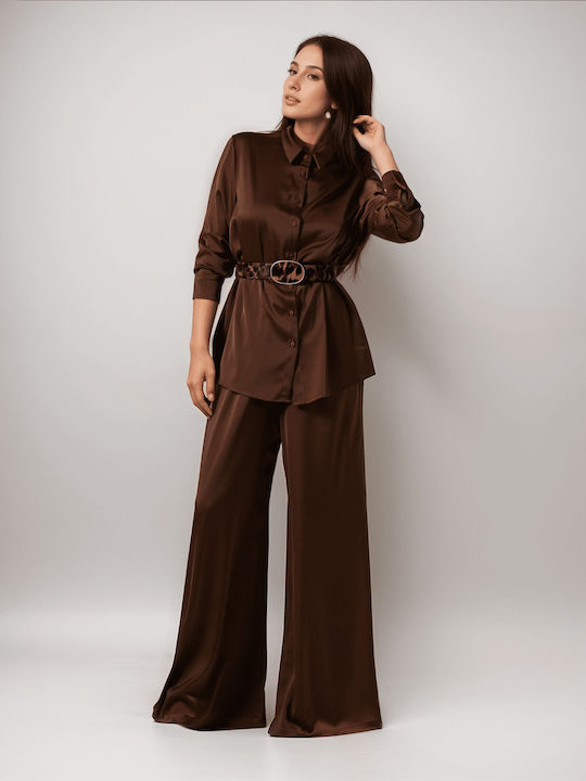 Set Long-Sleeve Shirt Wide-Leg Trousers Elastic Waist Brown 15-065