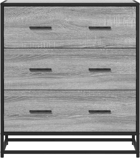 Wooden & Metallic Chest of Drawers with 3 Drawers Grey Sonoma 68x35x76cm