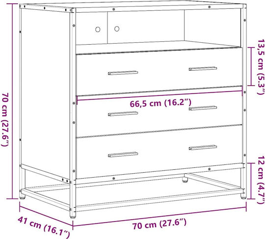 Wooden & Metallic Chest of Drawers Sonoma Oak 70x41x70cm