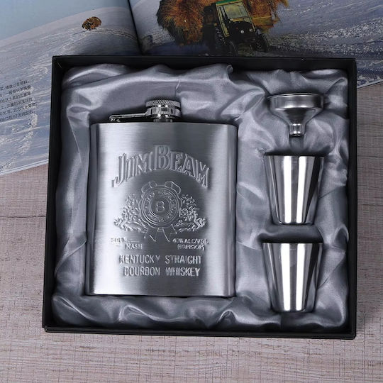 Set Drinking Flask 240ml Silver Stainless Steel 1 Funnel 2 Shot Glasses