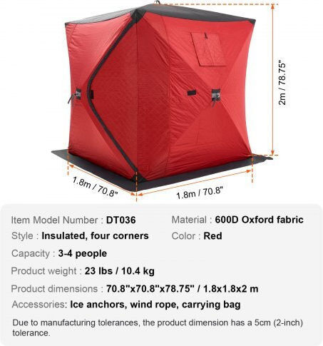 Vevor Fishing Tent Red for 4 People 180x180x200cm Fishing Tent