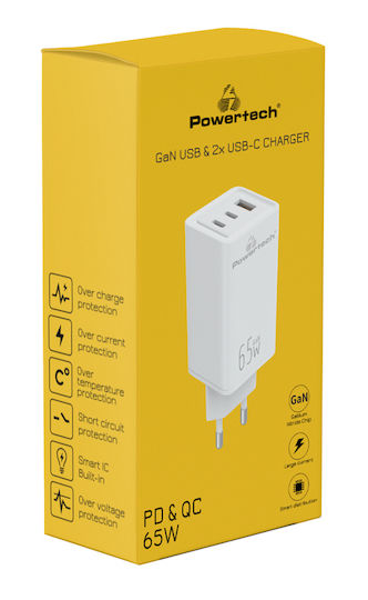 Powertech Încărcător Fără Fir GaN cu Port USB-A și 2 Porturi USB-C 65W Livrarea Energiei / Quick Charge 4.0 Alb (PT-1094)