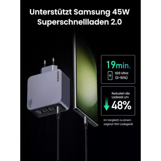 Ugreen Charger GaN with USB-A Port and 3 USB-C Ports and Cable USB-C - USB-C 160W Power Delivery Blacks (Nexode Pro)