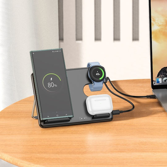 Hoco Ασύρματος Φορτιστής (Qi Pad) 15W Power Delivery / Quick Charge 3.0 Μαύρος (CQ2 Flash 3-in-1)