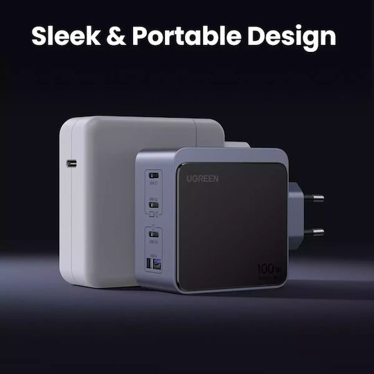Ugreen Φορτιστής Χωρίς Καλώδιο GaN με Θύρα USB-A και 3 Θύρες USB-C 100W Power Delivery / Quick Charge 4.0 Γκρι (X565)