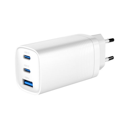 Gembird Wireless Charger GaN With USB-A Port And 2 USB-C Ports 65W Power Delivery Quick Charge 3.0 White (TA-UC-PDQC65-01-W)