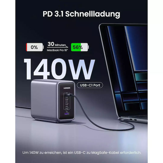 Ugreen Βάση Φόρτισης GaN με Θύρα USB-A και 4 Θύρες USB-C 300W Power Delivery σε Μαύρο χρώμα (Nexode)