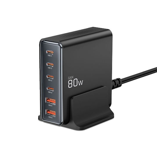 Tech-Protect Ladestation GaN mit 2 USB-A Anschlüsse und 4 USB-C Anschlüsse 80W Stromlieferung / Schnellaufladung 3.0 in Schwarz Farbe