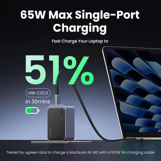 Ugreen Charger Without Cable GaN with USB-A Port and 2 USB-C Ports 65W Power Delivery / Quick Charge 3.0 Gray (Nexode Air)