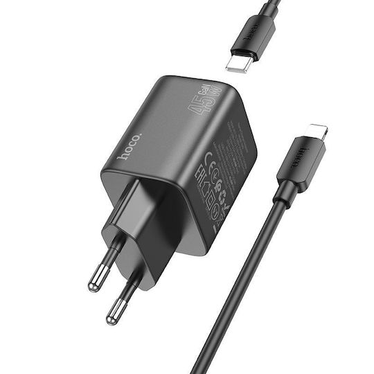 Hoco Charger GaN with 2 USB-C Ports and Cable USB-C - Lightning 45W Power Delivery Blacks (N42)