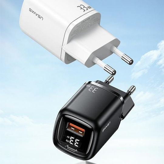 Usams Charger Without Cable with USB-A Port and USB-C Port 33W Power Delivery / Quick Charge 3.0 Blacks (CC152)