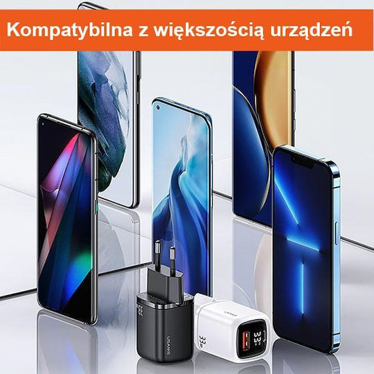 Usams Φορτιστής Χωρίς Καλώδιο με Θύρα USB-A και Θύρα USB-C 33W Power Delivery / Quick Charge 3.0 Λευκός (CC152)