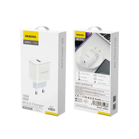 Dudao Încărcător Fără Cablu cu Port USB-A 18W Albς (A20EU)