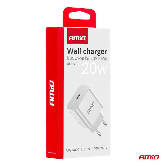 AMiO Încărcător Fără Cablu cu Port USB-C 20W Livrarea energiei Albς (03891)