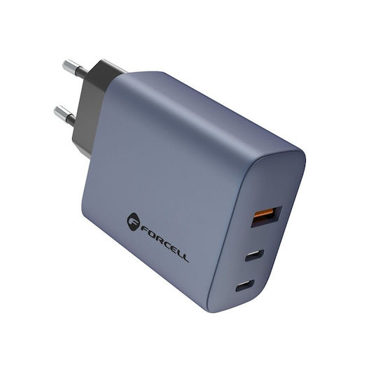 Forcell Ladegerät ohne Kabel mit USB-A Anschluss und 2 USB-C Anschlüsse 65W Stromlieferung / Schnellaufladung 4.0 Gray
