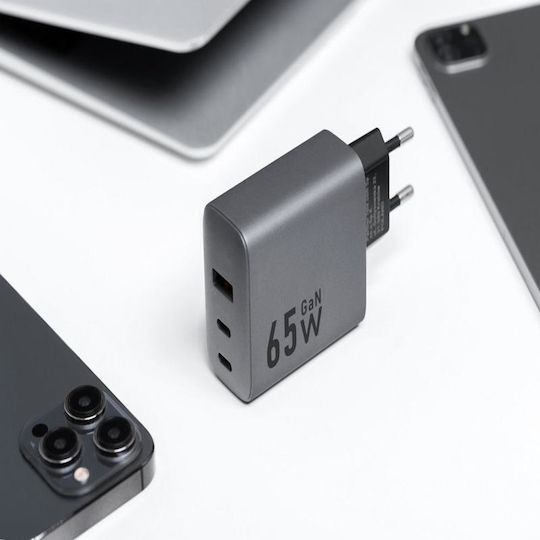 Forcell Ladegerät ohne Kabel mit USB-A Anschluss und 2 USB-C Anschlüsse 65W Stromlieferung / Schnellaufladung 4.0 Gray