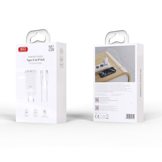 XO Ladegerät mit 2 USB-C Anschlüsse und Kabel USB-C - Lightning 20W Stromlieferung Weißs (L145)
