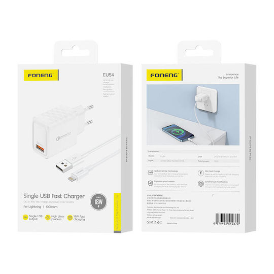 Foneng Încărcător cu Port USB-A și Cablu Lightning 18W Quick Charge 3.0 Albς (EU54)