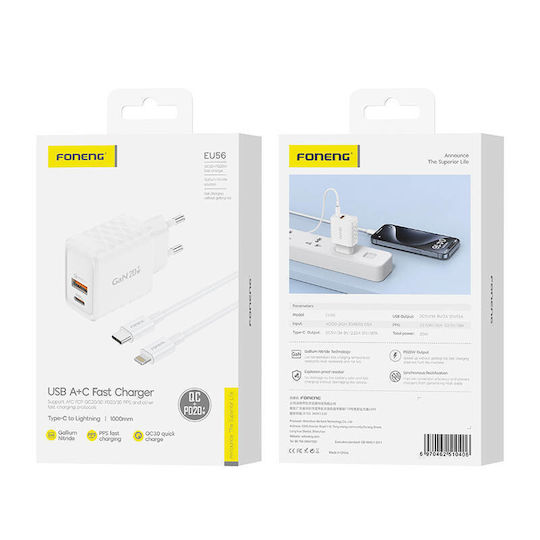 Foneng Φορτιστής GaN με Θύρα USB-A και Θύρα USB-C και Καλώδιο Lightning 20W Quick Charge 3.0 Λευκός (EU56)