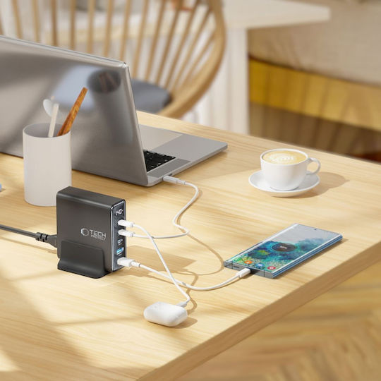 Tech-Protect Charging Stand with 2 USB-A Ports and 3 USB-C Ports and Cable micro USB 140W Quick Charge 3.0 / Power Delivery in Black color (DC140W-GAN)