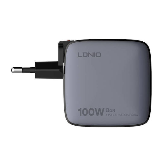 Ldnio Charger GaN with USB-A Port and 3 USB-C Ports and Cable USB-C - USB-C 100W Power Delivery / Quick Charge 3.0 Blacks (Q408 US)