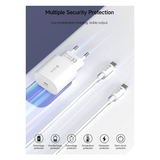 Devia Charger with USB-C Port and Cable USB-C - USB-C 25W Power Delivery Whites (EA455)