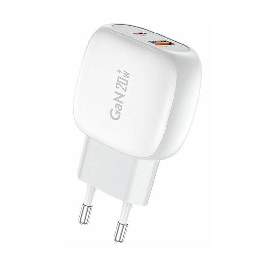 Foneng Ladegerät mit USB-A Anschluss und USB-C Anschluss und Kabel USB-C - USB-C 20W Weißs (EU41)