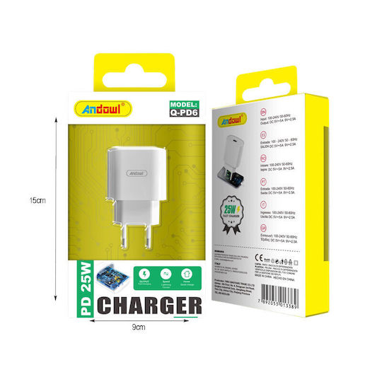 Andowl Φορτιστής Χωρίς Καλώδιο με Θύρα USB-C 20W Λευκός (Q-PD6)